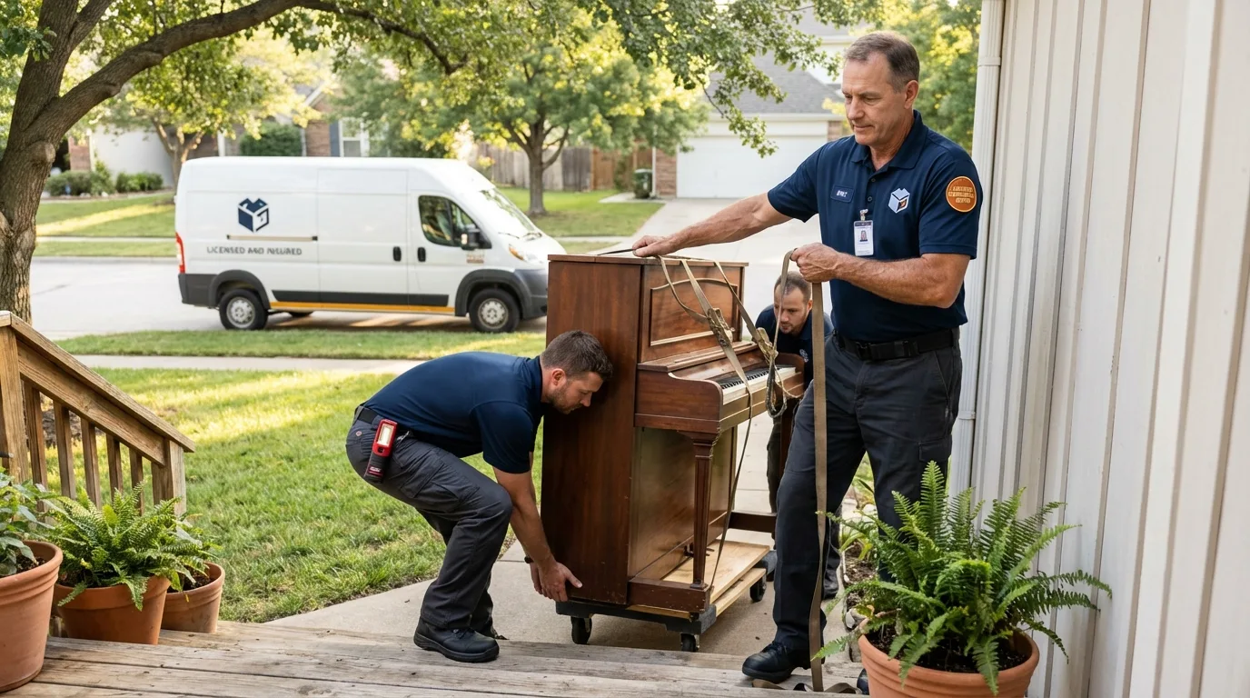 Licensed piano movers securing grand piano in North Adams, MA