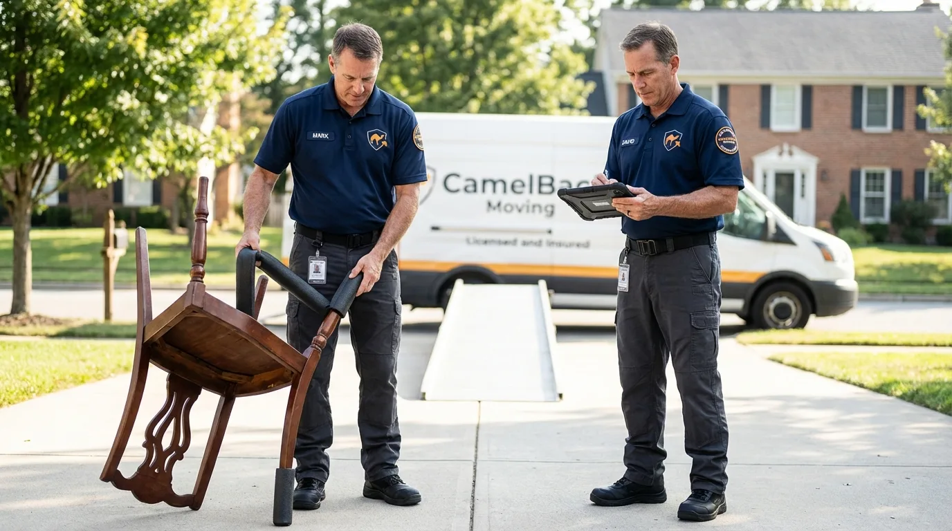 Movers inspecting furniture for damage prevention before loading in North Adams, MA