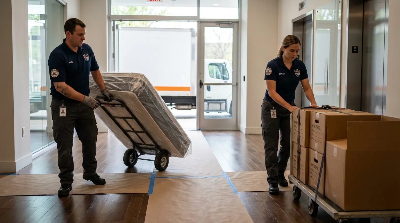 Professional apartment movers loading elevator in North Adams, MA