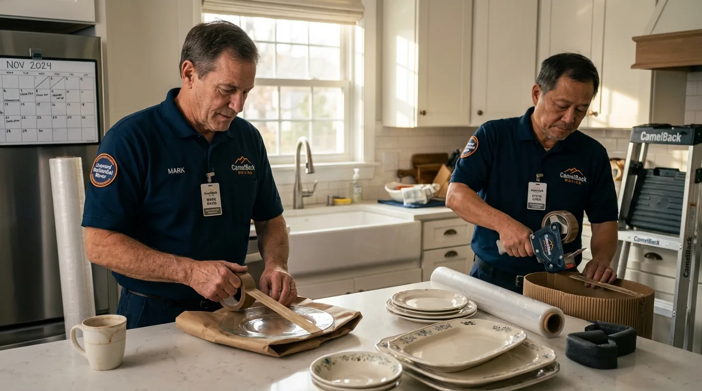 Professional crew packing kitchen dishware in North Adams, MA